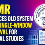 Thumbnail showing ICMR's new single-window approval system for medical studies with ICMR logo, approval checklist, laboratory equipment, and a blue-pink gradient background.