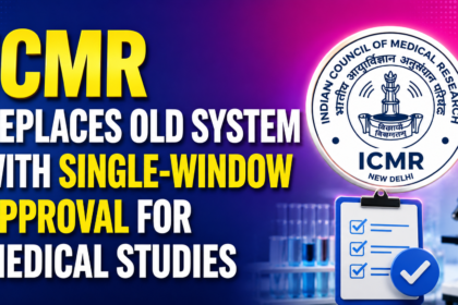 Thumbnail showing ICMR's new single-window approval system for medical studies with ICMR logo, approval checklist, laboratory equipment, and a blue-pink gradient background.