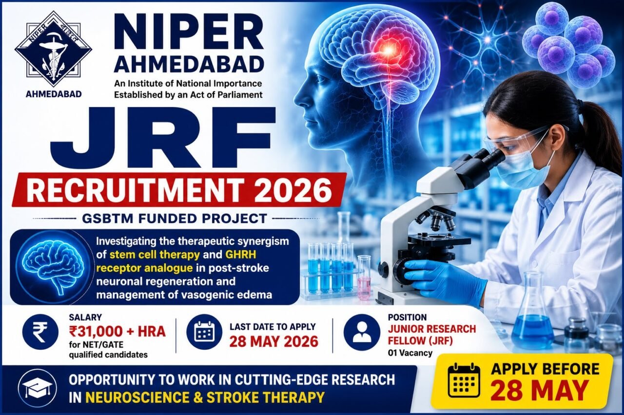NIPER Ahmedabad JRF Recruitment 2026 thumbnail featuring a scientist using a microscope, brain research graphics, salary details, and application deadline for neuroscience research opportunity.