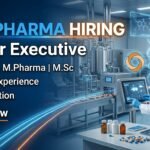 Professional YouTube thumbnail showing Sun Pharma Senior Executive hiring announcement with pharma manufacturing background, scientist in lab coat, medicine capsules, and corporate healthcare design in blue theme.