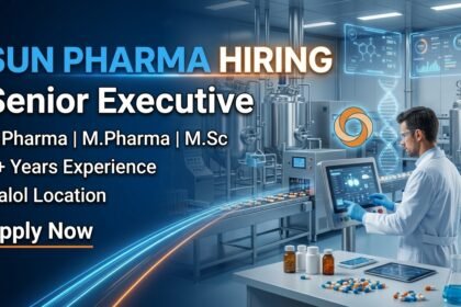 Professional YouTube thumbnail showing Sun Pharma Senior Executive hiring announcement with pharma manufacturing background, scientist in lab coat, medicine capsules, and corporate healthcare design in blue theme.