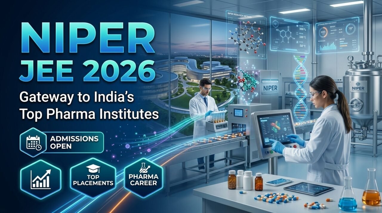 Futuristic NIPER JEE 2026 thumbnail showing pharmaceutical scientists working in a modern biotech laboratory with digital molecular graphics, DNA visuals, medicine production equipment, and glowing blue scientific interface elements promoting top pharma institutes in India.