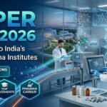 Futuristic NIPER JEE 2026 thumbnail showing pharmaceutical scientists working in a modern biotech laboratory with digital molecular graphics, DNA visuals, medicine production equipment, and glowing blue scientific interface elements promoting top pharma institutes in India.