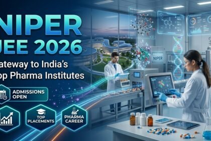 Futuristic NIPER JEE 2026 thumbnail showing pharmaceutical scientists working in a modern biotech laboratory with digital molecular graphics, DNA visuals, medicine production equipment, and glowing blue scientific interface elements promoting top pharma institutes in India.