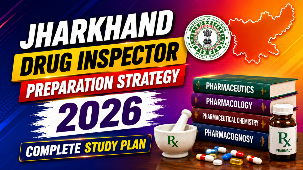 Jharkhand Drug Inspector Preparation Strategy 2026 thumbnail with colorful gradient background, pharmacy books, medicine bottle, and bold study plan text.