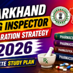Jharkhand Drug Inspector Preparation Strategy 2026 thumbnail with colorful gradient background, pharmacy books, medicine bottle, and bold study plan text.