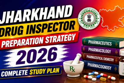 Jharkhand Drug Inspector Preparation Strategy 2026 thumbnail with colorful gradient background, pharmacy books, medicine bottle, and bold study plan text.
