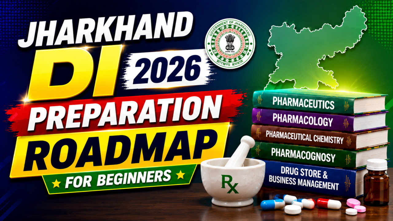 Jharkhand DI 2026 Preparation Roadmap thumbnail with pharmacy books, medicine bottle, Jharkhand map, and bold colorful text for beginners.