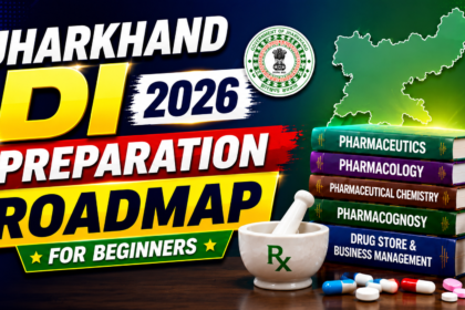 Jharkhand DI 2026 Preparation Roadmap thumbnail with pharmacy books, medicine bottle, Jharkhand map, and bold colorful text for beginners.