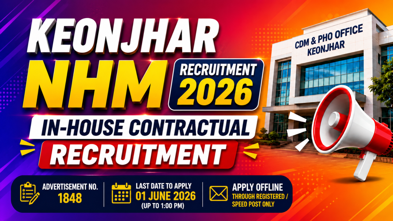 Keonjhar NHM Recruitment 2026 thumbnail with colorful gradient background, CDM & PHO Office building, megaphone graphic, and offline recruitment details.