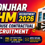 Keonjhar NHM Recruitment 2026 thumbnail with colorful gradient background, CDM & PHO Office building, megaphone graphic, and offline recruitment details.