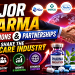 Futuristic pharma industry thumbnail featuring global healthcare partnerships, corporate handshake, pharma company logos, medicine capsules, biotech graphics, and glowing red-blue background.