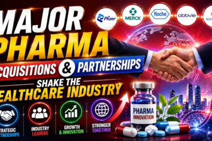 Futuristic pharma industry thumbnail featuring global healthcare partnerships, corporate handshake, pharma company logos, medicine capsules, biotech graphics, and glowing red-blue background.