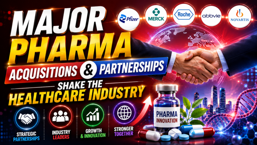 Futuristic pharma industry thumbnail featuring global healthcare partnerships, corporate handshake, pharma company logos, medicine capsules, biotech graphics, and glowing red-blue background.