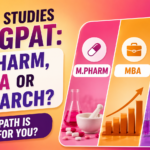 Colorful educational thumbnail illustrating career options after GPAT, featuring M.Pharm, MBA, and Research pathways with pharmaceutical, business, and laboratory research visuals on a vibrant orange-pink-purple gradient background.