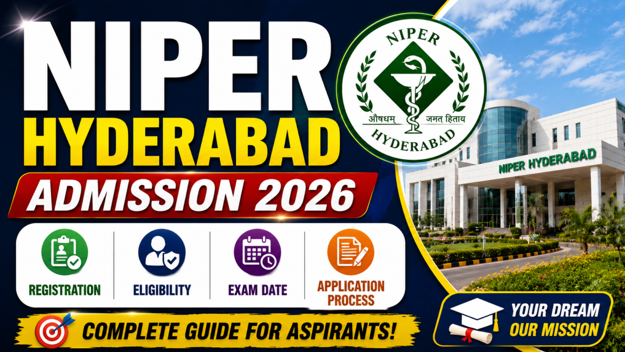 NIPER Hyderabad Admission 2026 YouTube thumbnail featuring bold white and yellow text, NIPER logo, campus building, and icons for registration, eligibility, exam date, and application process in a modern blue-themed design.