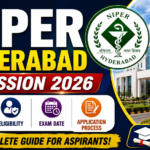 NIPER Hyderabad Admission 2026 YouTube thumbnail featuring bold white and yellow text, NIPER logo, campus building, and icons for registration, eligibility, exam date, and application process in a modern blue-themed design.