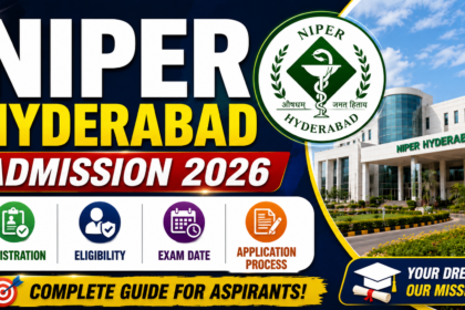 NIPER Hyderabad Admission 2026 YouTube thumbnail featuring bold white and yellow text, NIPER logo, campus building, and icons for registration, eligibility, exam date, and application process in a modern blue-themed design.