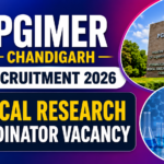 PGIMER Chandigarh Recruitment 2026 thumbnail featuring Clinical Research Coordinator Vacancy announcement with PGIMER campus image, laboratory microscope, and medical research theme on a blue-purple gradient background.