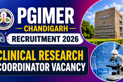 PGIMER Chandigarh Recruitment 2026 thumbnail featuring Clinical Research Coordinator Vacancy announcement with PGIMER campus image, laboratory microscope, and medical research theme on a blue-purple gradient background.
