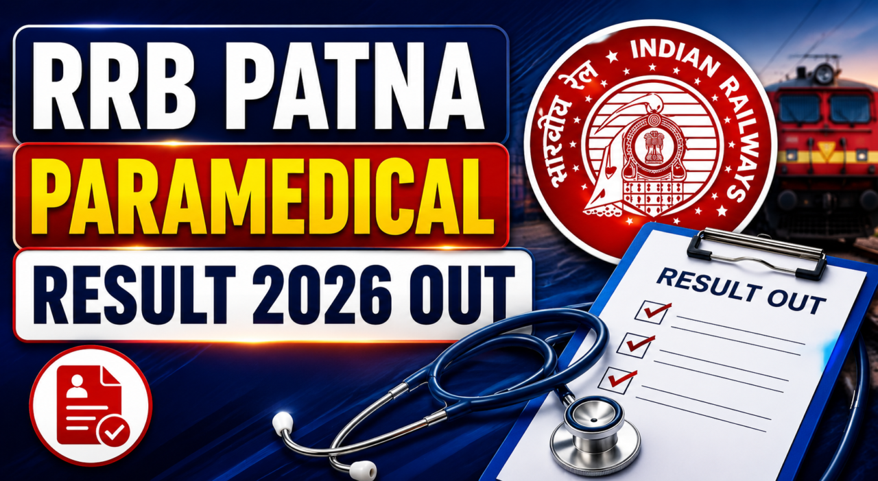YouTube thumbnail featuring RRB Patna Paramedical Result 2026 announcement with Indian Railways logo, train background, medical stethoscope, result checklist, and bold text highlighting the result declaration.