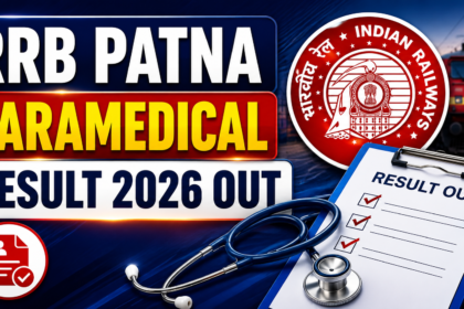 YouTube thumbnail featuring RRB Patna Paramedical Result 2026 announcement with Indian Railways logo, train background, medical stethoscope, result checklist, and bold text highlighting the result declaration.