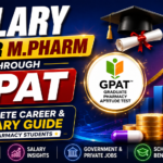 Modern thumbnail design for Salary After M.Pharm Through GPAT featuring career growth chart, GPAT logo, graduation cap, coins, and pharmacy-themed graphics.