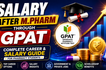 Modern thumbnail design for Salary After M.Pharm Through GPAT featuring career growth chart, GPAT logo, graduation cap, coins, and pharmacy-themed graphics.