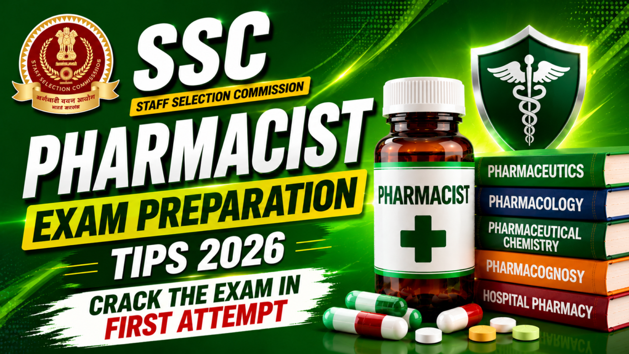 Attractive green gradient SSC Pharmacist Exam Preparation Tips 2026 thumbnail featuring SSC logo, medicine bottle, pharmacy books, capsules, and medical shield design.