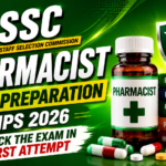 Attractive green gradient SSC Pharmacist Exam Preparation Tips 2026 thumbnail featuring SSC logo, medicine bottle, pharmacy books, capsules, and medical shield design.