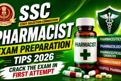 Attractive green gradient SSC Pharmacist Exam Preparation Tips 2026 thumbnail featuring SSC logo, medicine bottle, pharmacy books, capsules, and medical shield design.