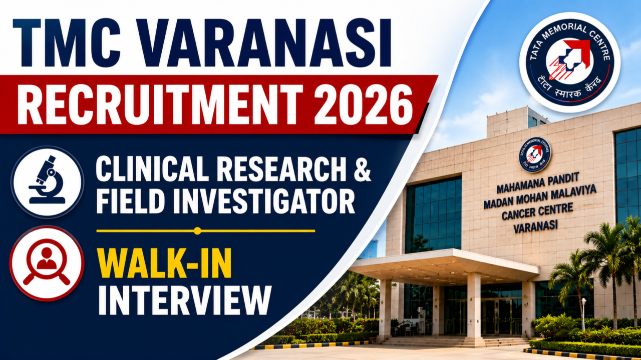 TMC Varanasi Recruitment 2026 thumbnail featuring Clinical Research and Field Investigator walk-in interview announcement with hospital building background.