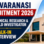TMC Varanasi Recruitment 2026 thumbnail featuring Clinical Research and Field Investigator walk-in interview announcement with hospital building background.