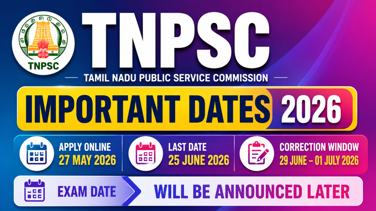 Colorful TNPSC 2026 important dates thumbnail with gradient blue and pink background, TNPSC logo, bold “IMPORTANT DATES 2026” text, and application plus correction window schedule details.