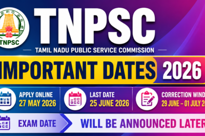 Colorful TNPSC 2026 important dates thumbnail with gradient blue and pink background, TNPSC logo, bold “IMPORTANT DATES 2026” text, and application plus correction window schedule details.