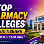 Colorful thumbnail showing a modern pharmacy college campus with bold text “Top Pharmacy Colleges in Chhattisgarh – Private Colleges List 2026” along with pharmacy-related items like capsules, medicine bottle, and mortar & pestle.