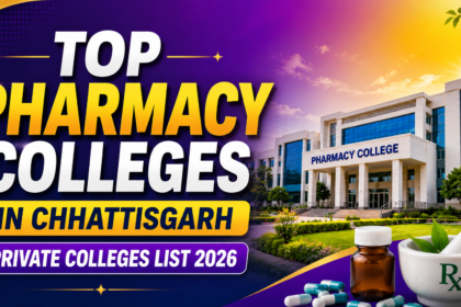 Colorful thumbnail showing a modern pharmacy college campus with bold text “Top Pharmacy Colleges in Chhattisgarh – Private Colleges List 2026” along with pharmacy-related items like capsules, medicine bottle, and mortar & pestle.