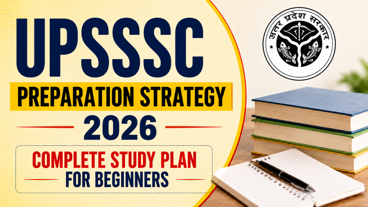 UPSSSC Preparation Strategy 2026 thumbnail with study books, notebook, UP government logo, and bold text for beginners study plan.