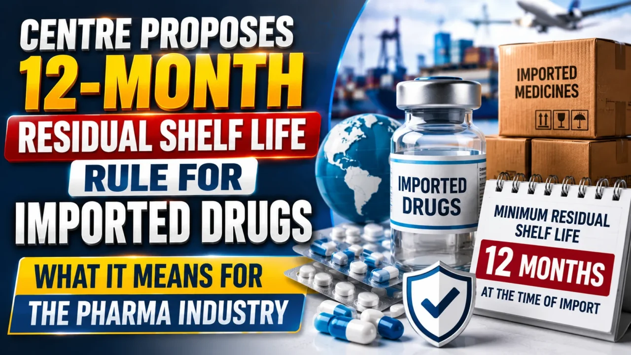 YouTube thumbnail highlighting the proposed 12-month residual shelf life rule for imported drugs, featuring imported medicine packaging, pharmaceutical capsules, a medicine vial, cargo containers, a cargo ship, an airplane, and a bold healthcare news design.
