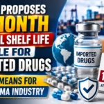 YouTube thumbnail highlighting the proposed 12-month residual shelf life rule for imported drugs, featuring imported medicine packaging, pharmaceutical capsules, a medicine vial, cargo containers, a cargo ship, an airplane, and a bold healthcare news design.