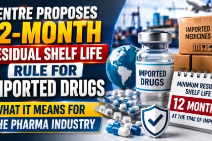 YouTube thumbnail highlighting the proposed 12-month residual shelf life rule for imported drugs, featuring imported medicine packaging, pharmaceutical capsules, a medicine vial, cargo containers, a cargo ship, an airplane, and a bold healthcare news design.