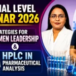 YouTube thumbnail for National Level Webinar 2026 featuring women leadership, HPLC pharmaceutical analysis, two expert speakers, laboratory equipment, microscope, and analytical chemistry visuals.