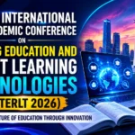 Promotional banner for the 2nd International Academic Conference on Teaching Education and Recent Learning Technologies (ICTERLT 2026), featuring digital learning icons, books, a graduation cap, and a modern city skyline.