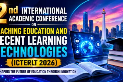 Promotional banner for the 2nd International Academic Conference on Teaching Education and Recent Learning Technologies (ICTERLT 2026), featuring digital learning icons, books, a graduation cap, and a modern city skyline.