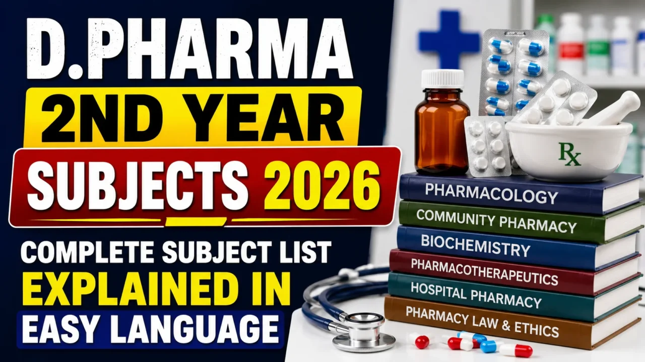 YouTube thumbnail for D.Pharma 2nd Year Subjects 2026 featuring pharmacy books, medicine bottle, blister packs, mortar and pestle, and medical equipment, highlighting the complete subject list in easy language.