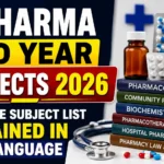 YouTube thumbnail for D.Pharma 2nd Year Subjects 2026 featuring pharmacy books, medicine bottle, blister packs, mortar and pestle, and medical equipment, highlighting the complete subject list in easy language.