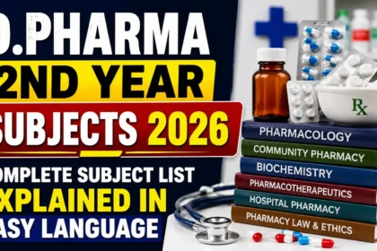YouTube thumbnail for D.Pharma 2nd Year Subjects 2026 featuring pharmacy books, medicine bottle, blister packs, mortar and pestle, and medical equipment, highlighting the complete subject list in easy language.