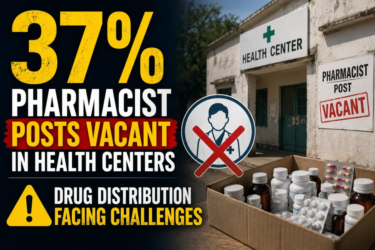 Thumbnail showing a health center with a vacant pharmacist post sign, medicine supplies, and a large “37%” statistic highlighting pharmacist vacancies and drug distribution challenges.