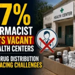 Thumbnail showing a health center with a vacant pharmacist post sign, medicine supplies, and a large “37%” statistic highlighting pharmacist vacancies and drug distribution challenges.
