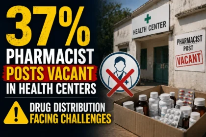 Thumbnail showing a health center with a vacant pharmacist post sign, medicine supplies, and a large “37%” statistic highlighting pharmacist vacancies and drug distribution challenges.